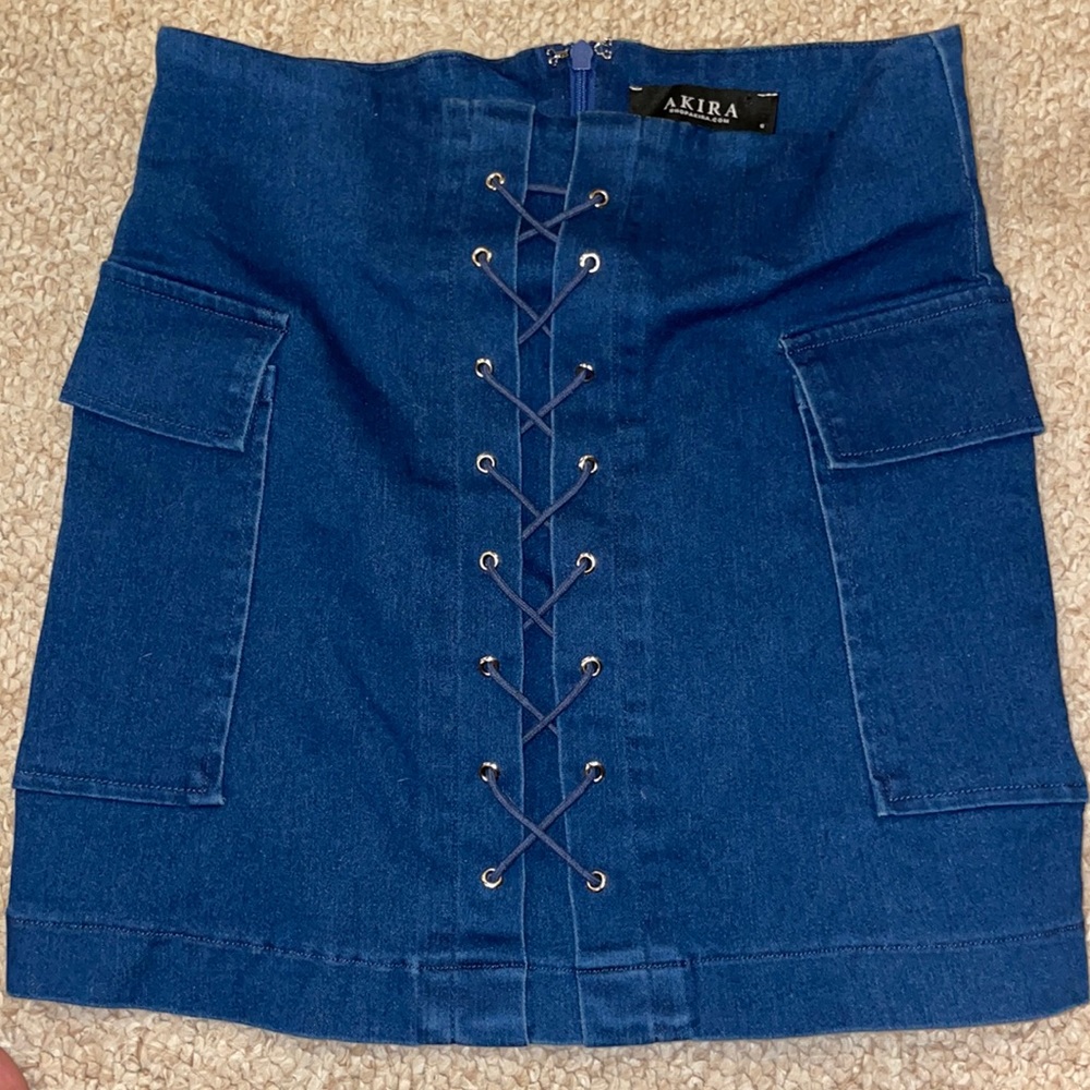 Akira Dark Blue Denim Laced Front Side Cargo Pockets Mini Skirt